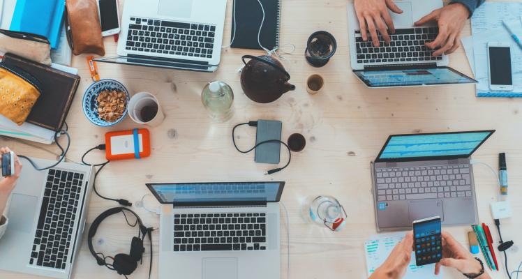 Set of laptops on table