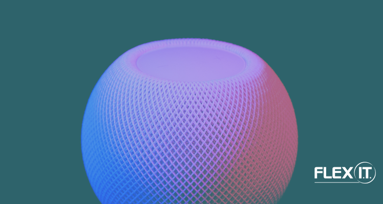 A smart speaker n the centre of the image with a purple and pink light drenched over it